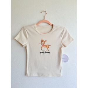 House of Cotton Please Go Away Fawn Graphic Print Ribbed Baby Tee in Cream S NWT